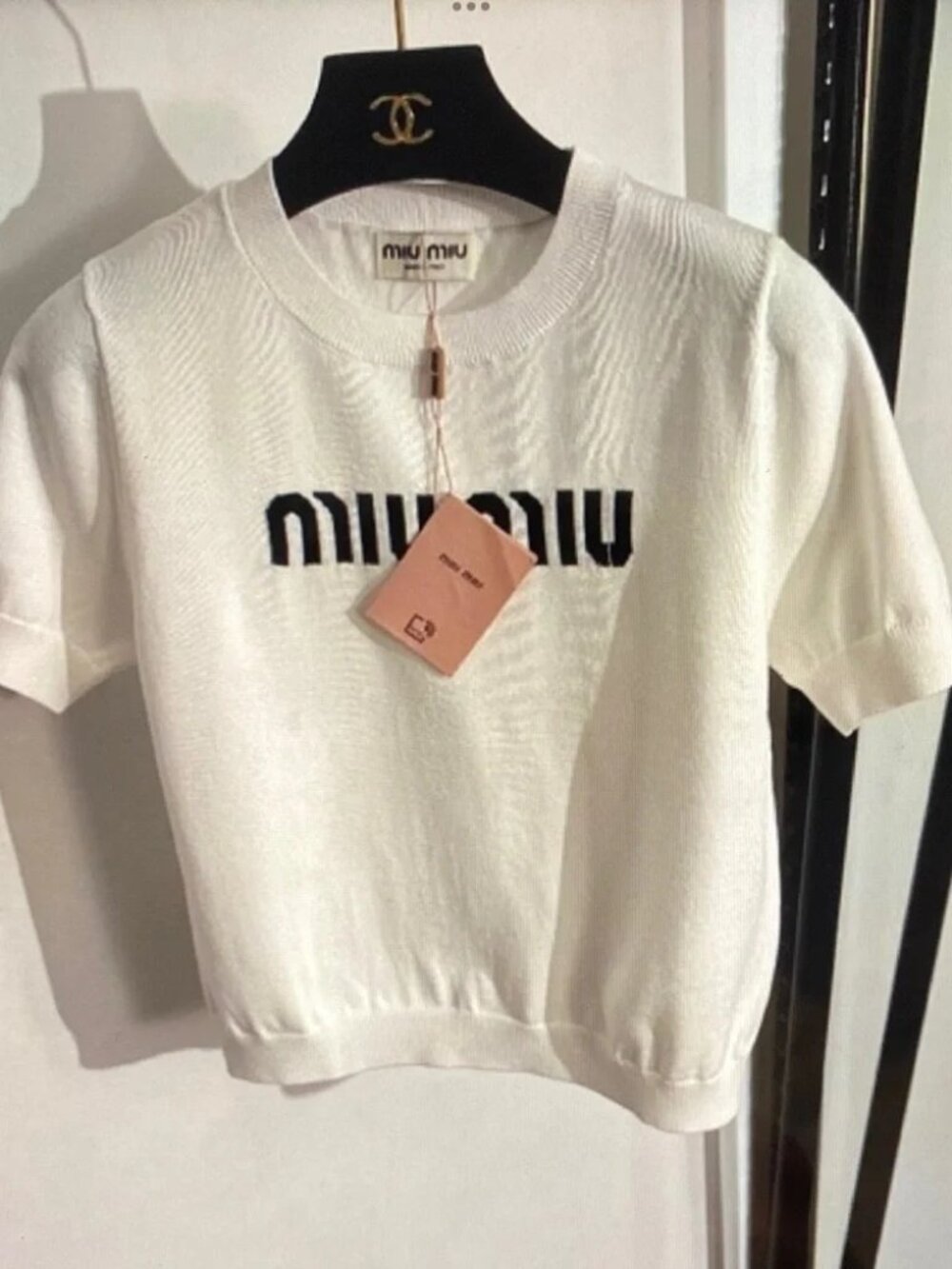 Miu Miu Off-White Crew Neck Short Sleeve Knit Sweater Top